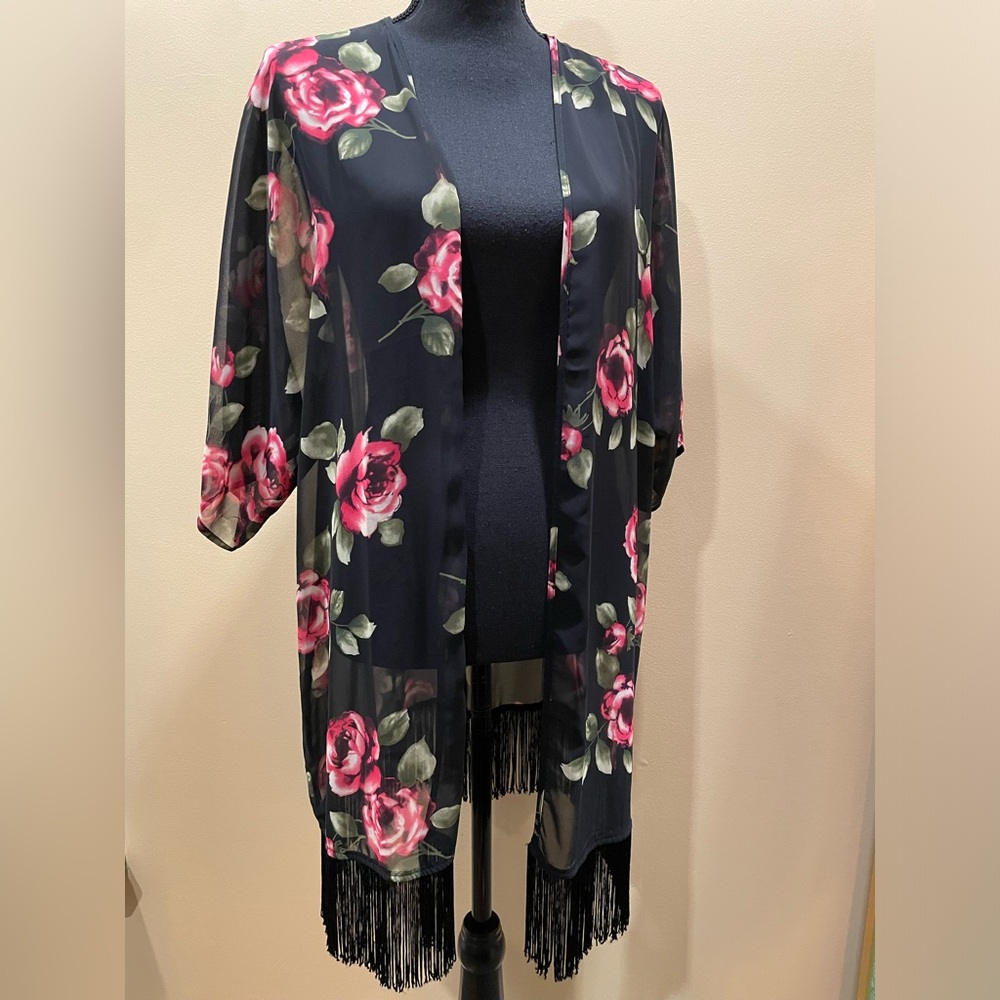 Black Kimono Top Jacket Sheer Pink Roses M Stevie Nicks 80s 90s Y2K Goth Spring